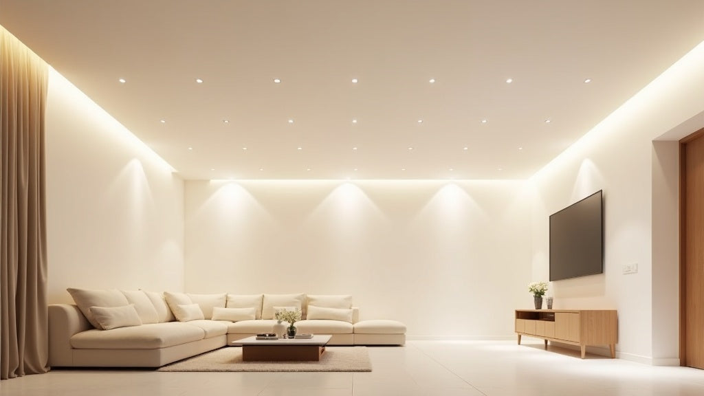 Modern minimalist living room ceiling with ZYSHEN anti-glare recessed downlights grid layout