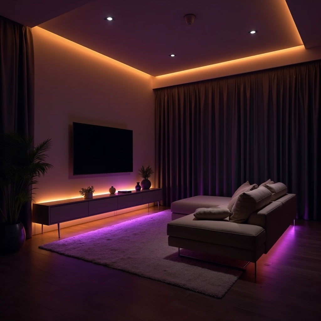 Modern living room at night illuminated by ZYSHEN purple and gold ambient LED light strips behind TV console